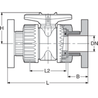 PP-H kulový ventil, 2-cestný, se šroubením,  s DIN* přířubami