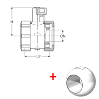 PPGF kulový ventil, 2-cestný, PVDF koule, uzamykatelný, se šroubením, s maticemi a o-kroužky, bez vložných dílů