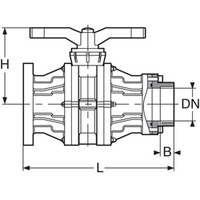PPGF kulový ventil, 2-cestný, sendvičová konstrukce, různé DIN** příruby, BSP závitové vložné díly