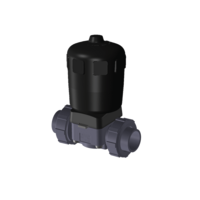 PVC-U membránový ventil, se šroubením, PVC-U pro lepení, vybavený dvoučinným (DA) pneupohonem