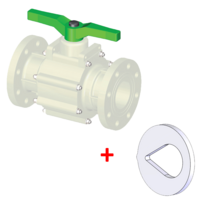 PVDF kulový ventil, 2-cestný, s regulační stupnicí,  uzamykatelný, sendvičová konstrukce, s DIN* přířubami