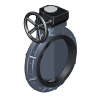 Butterfly valve, PVC-U body, PVC-U butterfly, DIN* wafer type, with handwheel and reduction gearbox