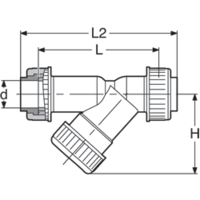 Y strainer in transparent PVC-U, mesh size 0.5 mm, double union, PVC-U metric sockets