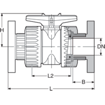 PP-H kulový ventil, 2-cestný, se šroubením,  s ANSI* přírubami