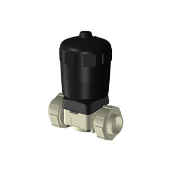 PP-H membránový ventil, se šroubením, PP-H metrický polyfúzní, vybavený bez vzduchu otevřeným (NO) pneupohonem