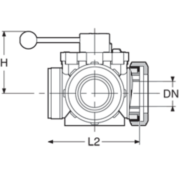 PPGF kulový ventil, 3-cestný horizontální, with union nuts and orings, bez vložných dílů