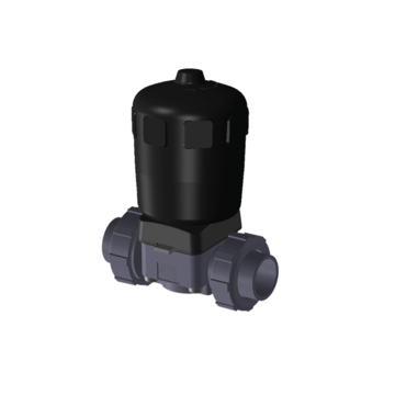 PVC-U membránový ventil, se šroubením, PVC-U pro lepení, vybavený bez vzduchu uzavřeným  (NC) pneupohonem