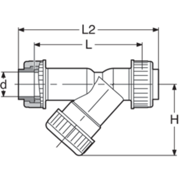 Y strainer in transparent PVC-U, mesh size 0.5 mm, double union, PVC-U metric sockets