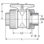 PP-H kulový ventil, 2-cestný, se šroubením, PP-H BSP závitové vložné díly