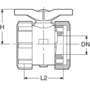 PPGF kulový ventil, 2-cestný, se šroubením, PVDF koule, s převlečnými maticemi a o-kroužky, bez vložných dílů