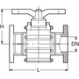 PPGF kulový ventil, 2-cestný, s regulační stupnicí,  uzamykatelný, sendvičová konstrukce, s DIN* přířubami